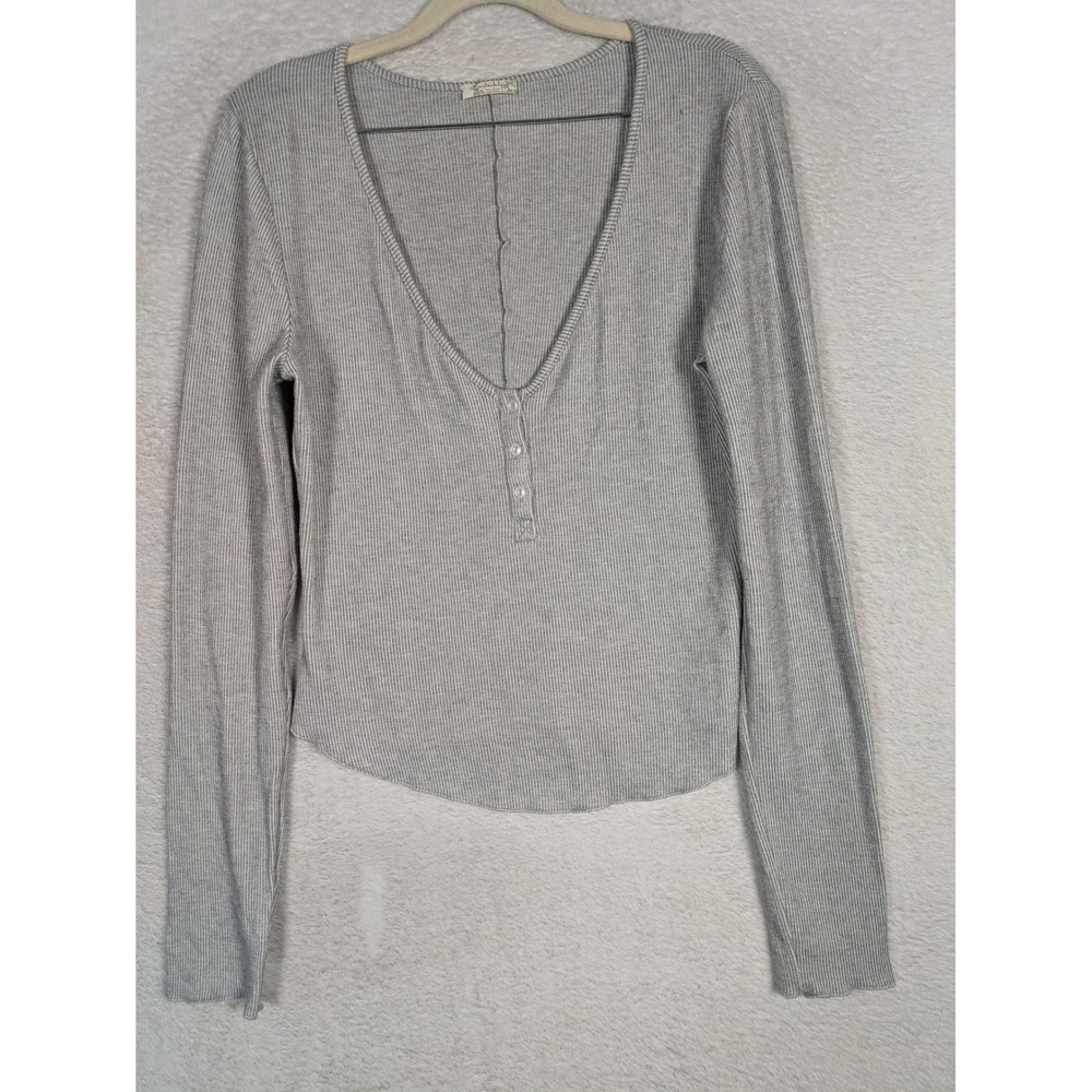 Free People Henley Top Women's Medium Gray Ribbed Deep V-Neck Long Sleeve